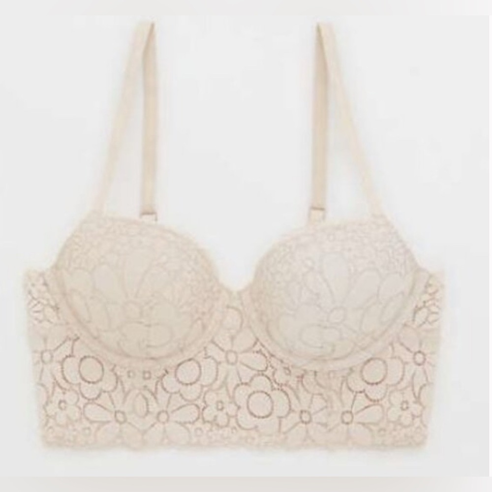 Aerie Light Beige Real Happy‎ Demi Lightly Lined Candy Lace Bralette 38B